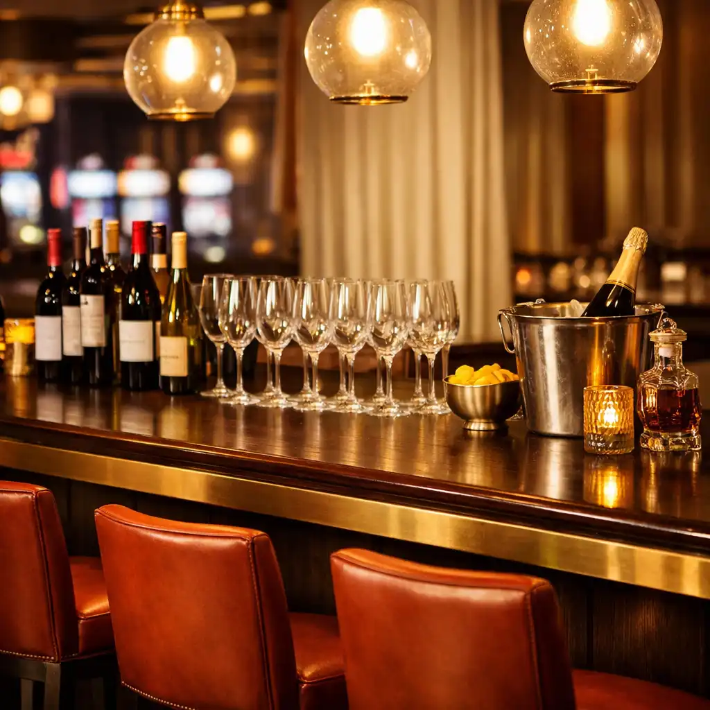 Comptoir du bar de Table des Délices en bois sombre avec finitions laiton, bouteilles et verres alignés