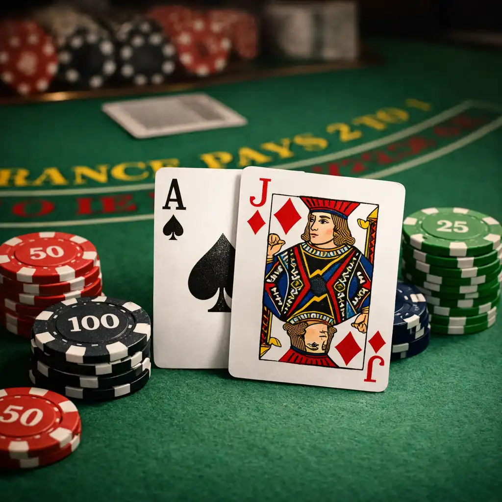 Main de blackjack avec des cartes et des jetons sur une table verte, éclairage doux