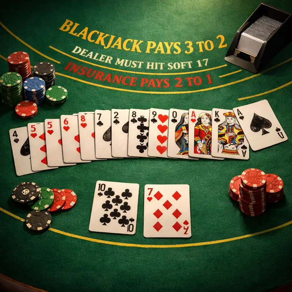 Table de blackjack physique avec cartes à jouer étalées, jetons et sabot à cartes sur feutre vert