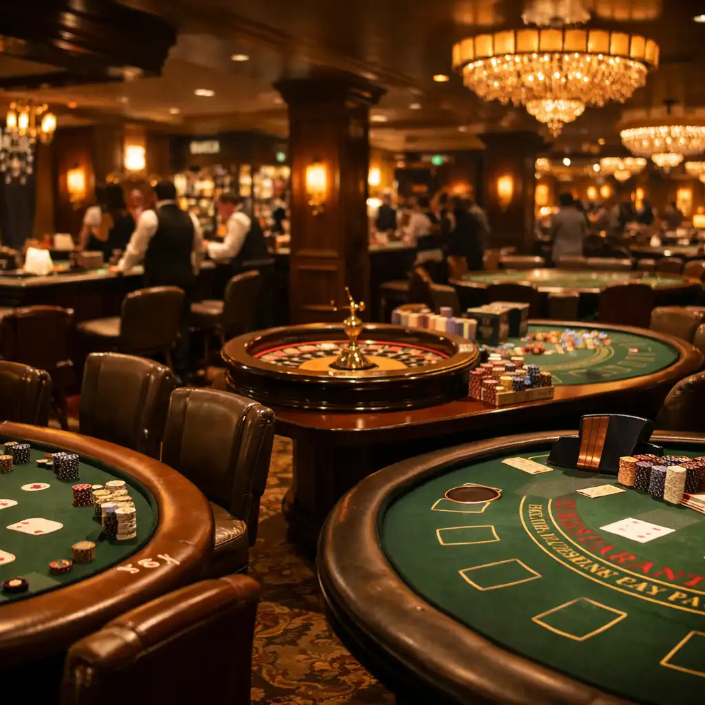 Salle de casino physique avec tables de poker, roulette et blackjack