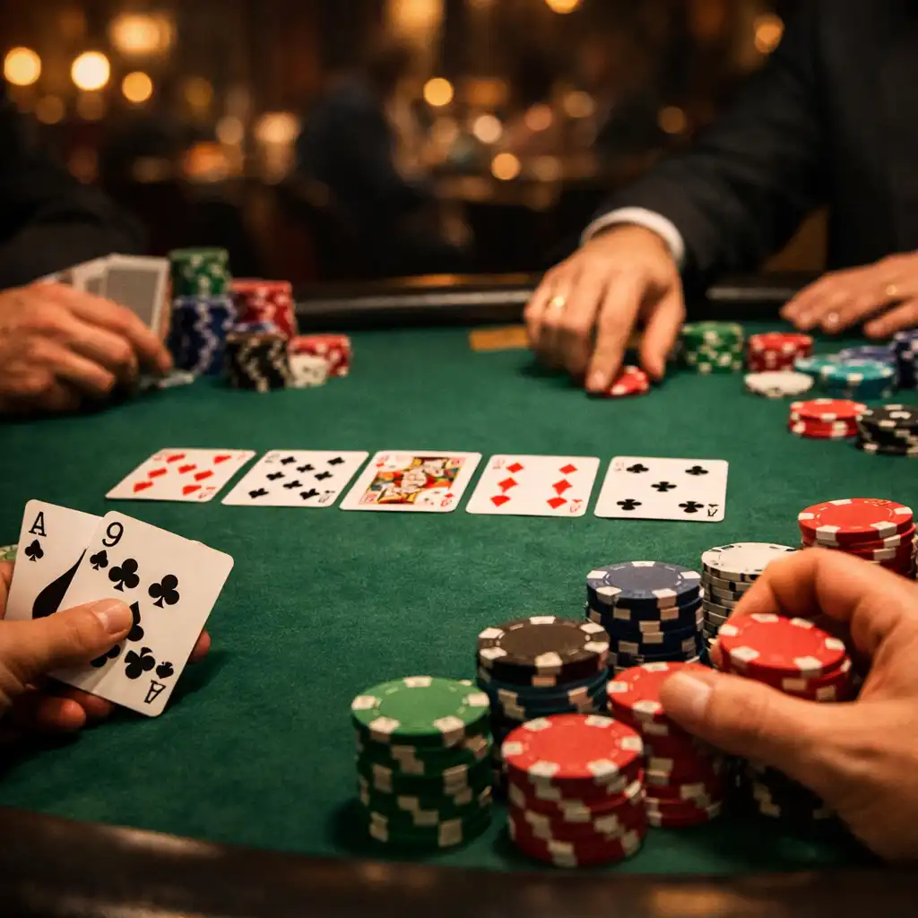 Table de poker physique dans un casino élégant avec cartes et jetons