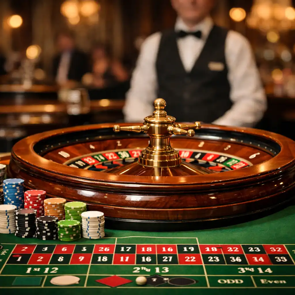 Table de roulette physique avec roue en bois et laiton, tapis vert et jetons