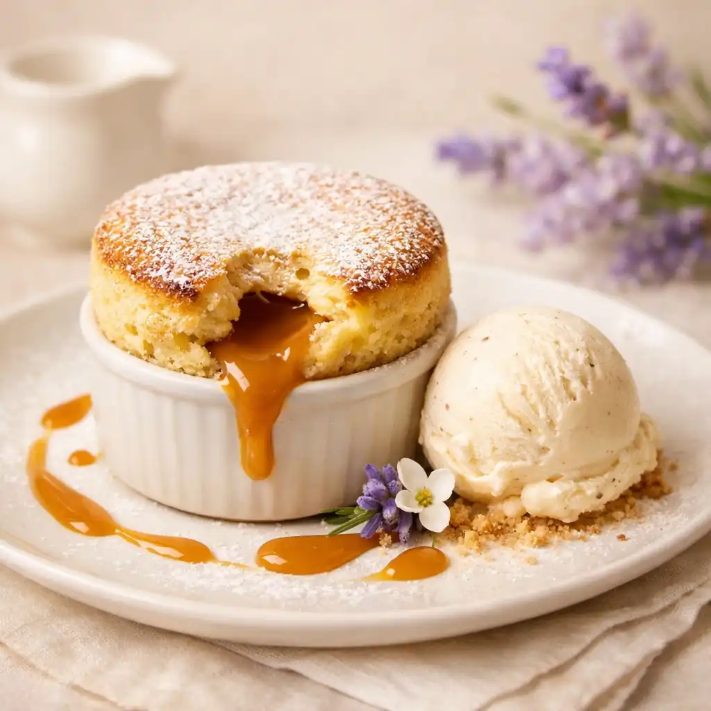 Soufflé à la vanille avec cœur coulant caramel et glace vanille
