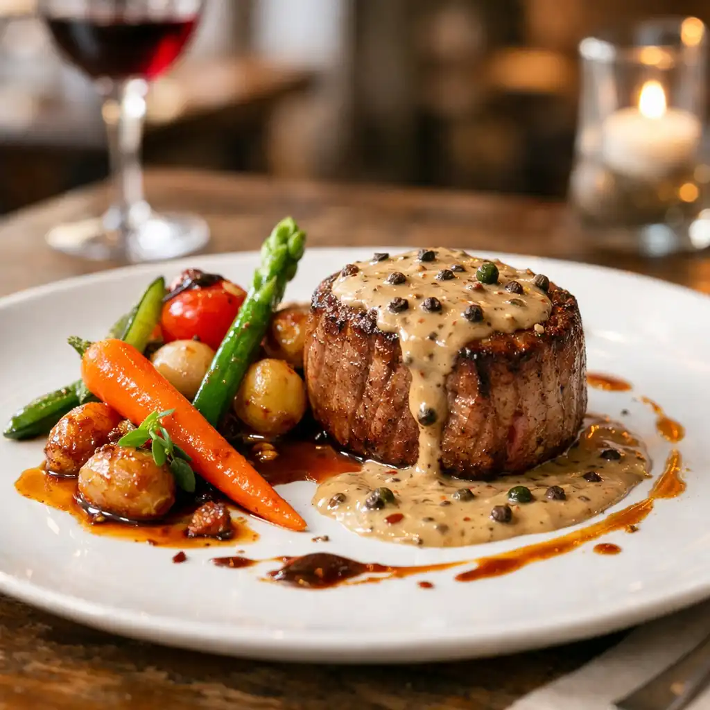 Plat gastronomique français avec filet de bœuf, sauce au poivre et légumes glacés