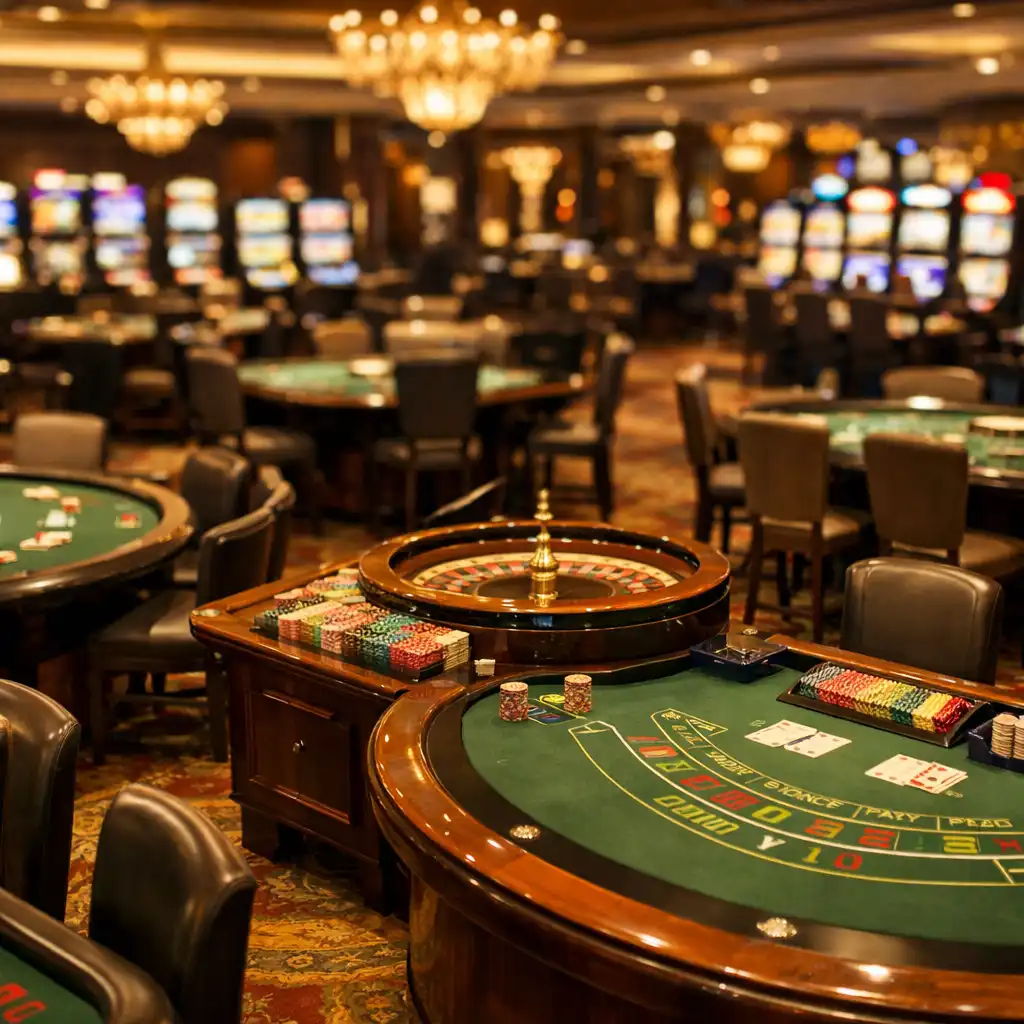 Salle de casino physique avec plusieurs tables de jeu et machines à sous en arrière-plan flou