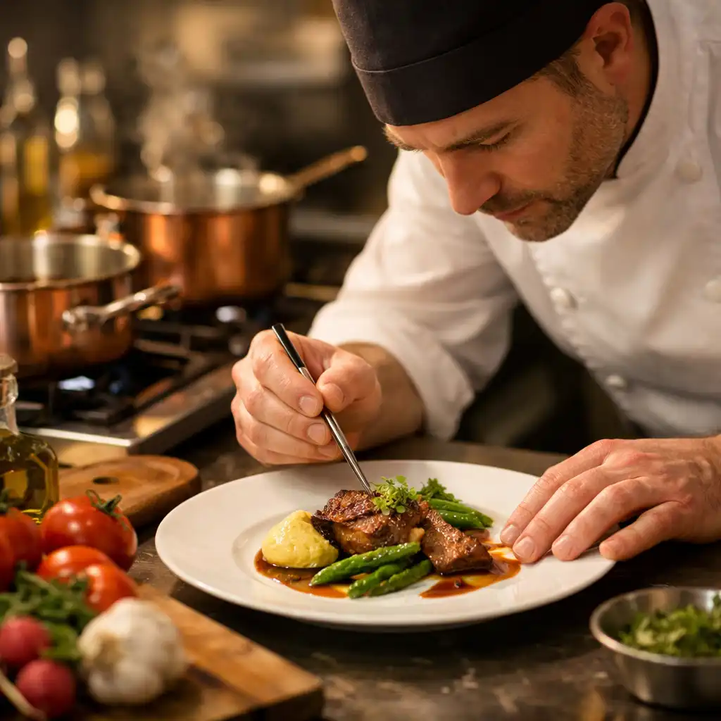 Chef cuisinier dressant une assiette dans une cuisine professionnelle avec casseroles en cuivre