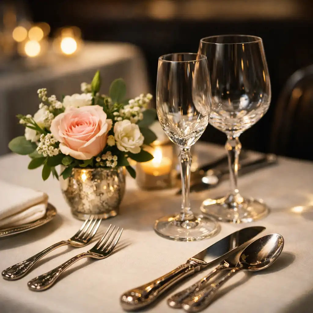 Table dressée avec couverts en argent, verres en cristal et composition florale