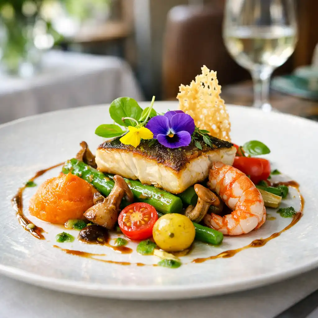 Plat gastronomique français avec présentation artistique et ingrédients frais