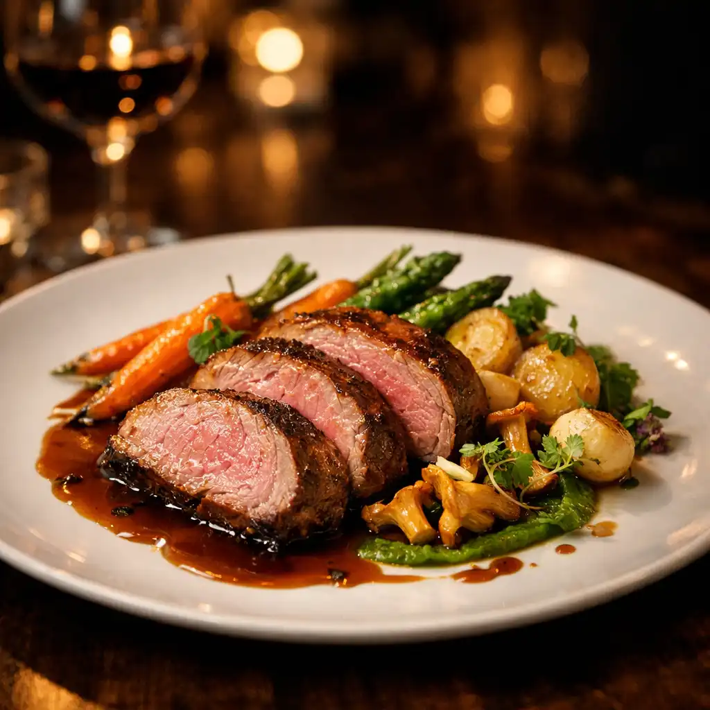 Viande rôtie avec légumes de saison, présentation élégante