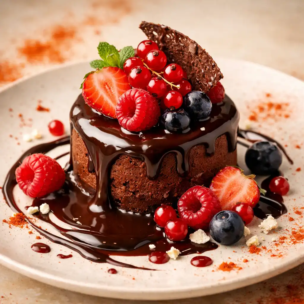Dessert raffiné avec fruits rouges et sauce au chocolat