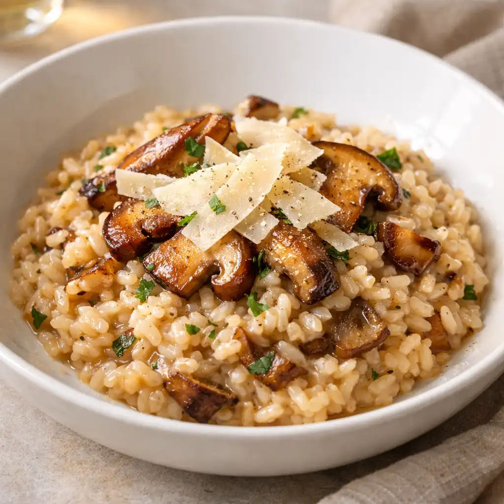 Plat de cuisine française raffiné, risotto aux cèpes avec copeaux de parmesan