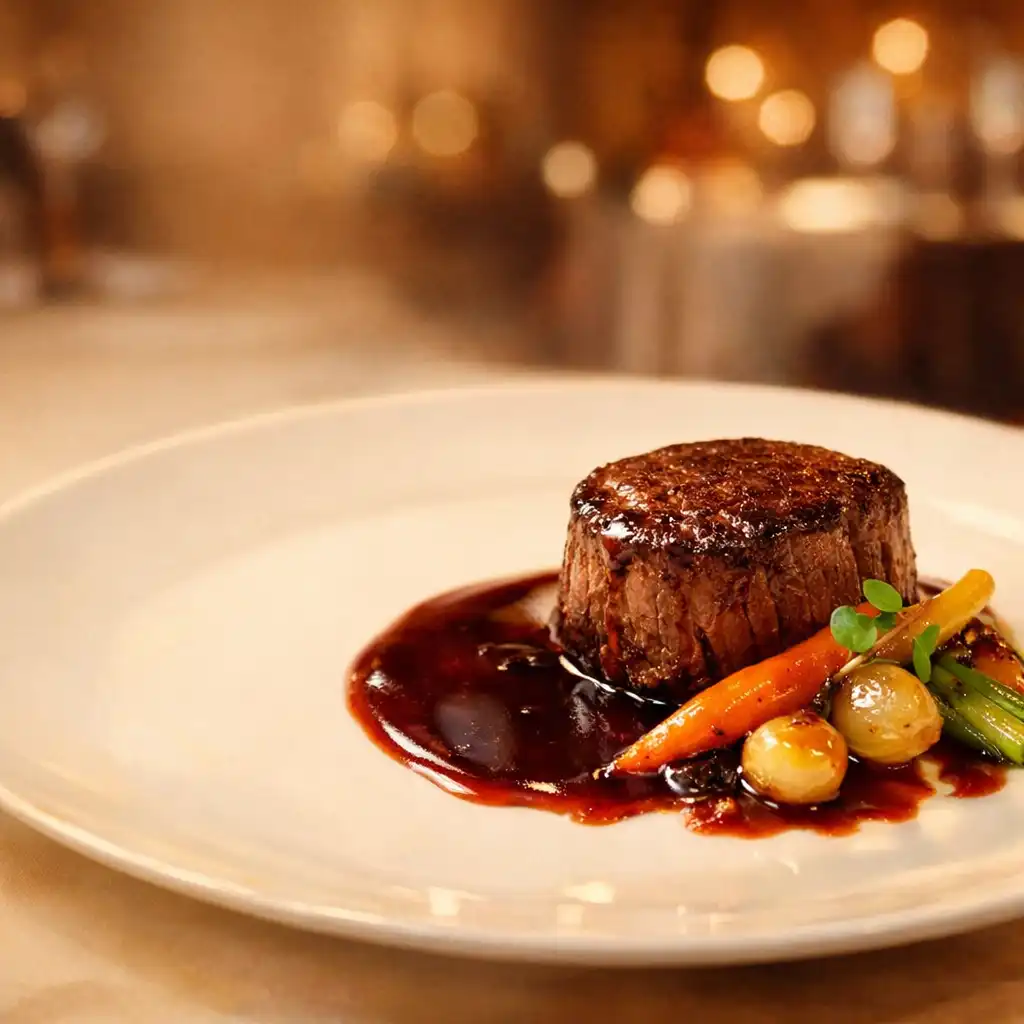 Plat gastronomique français élégant avec sauce au vin rouge et légumes glacés