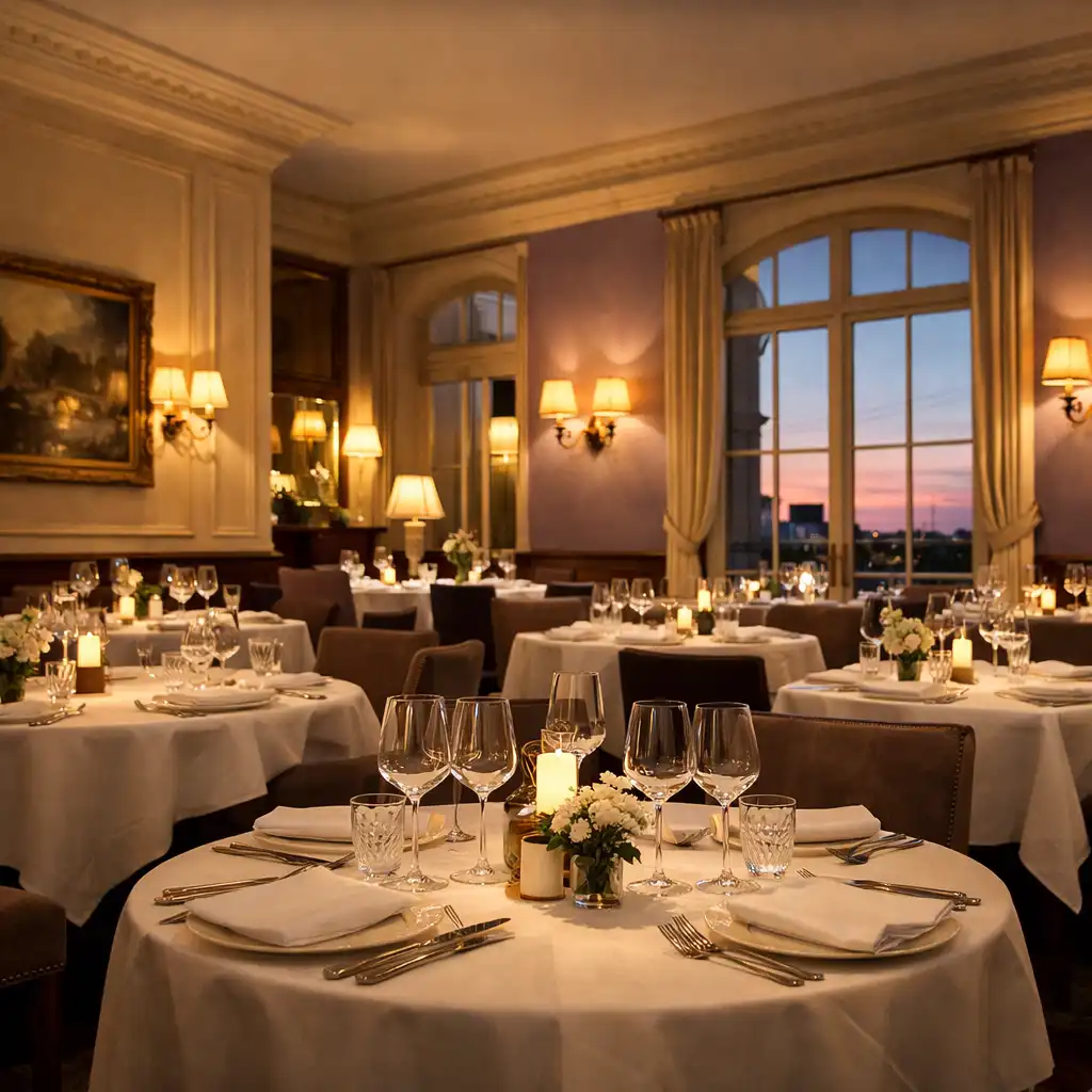Intérieur élégant du restaurant Table des Délices avec tables dressées et éclairage tamisé