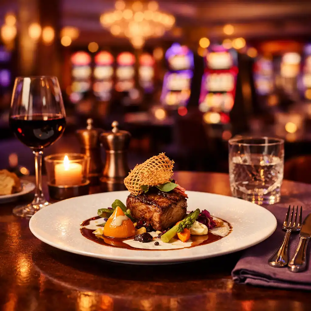 Plat signature élégamment dressé sur une table de restaurant gastronomique, ambiance de soirée au casino