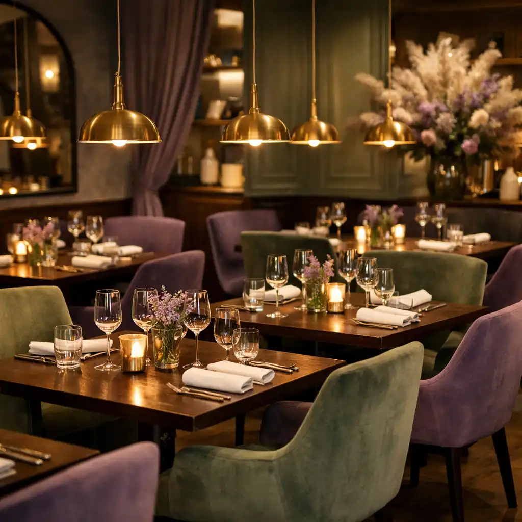 Salle de restaurant gastronomique élégante avec tables en bois sombre, chaises en velours et suspensions en laiton