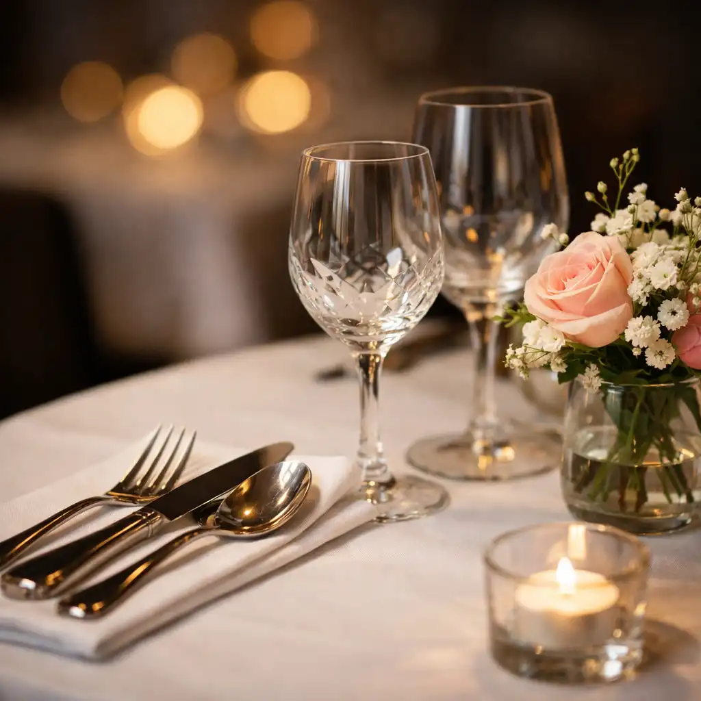 Détail d'une table de restaurant avec couverts en argent, verres en cristal et composition florale