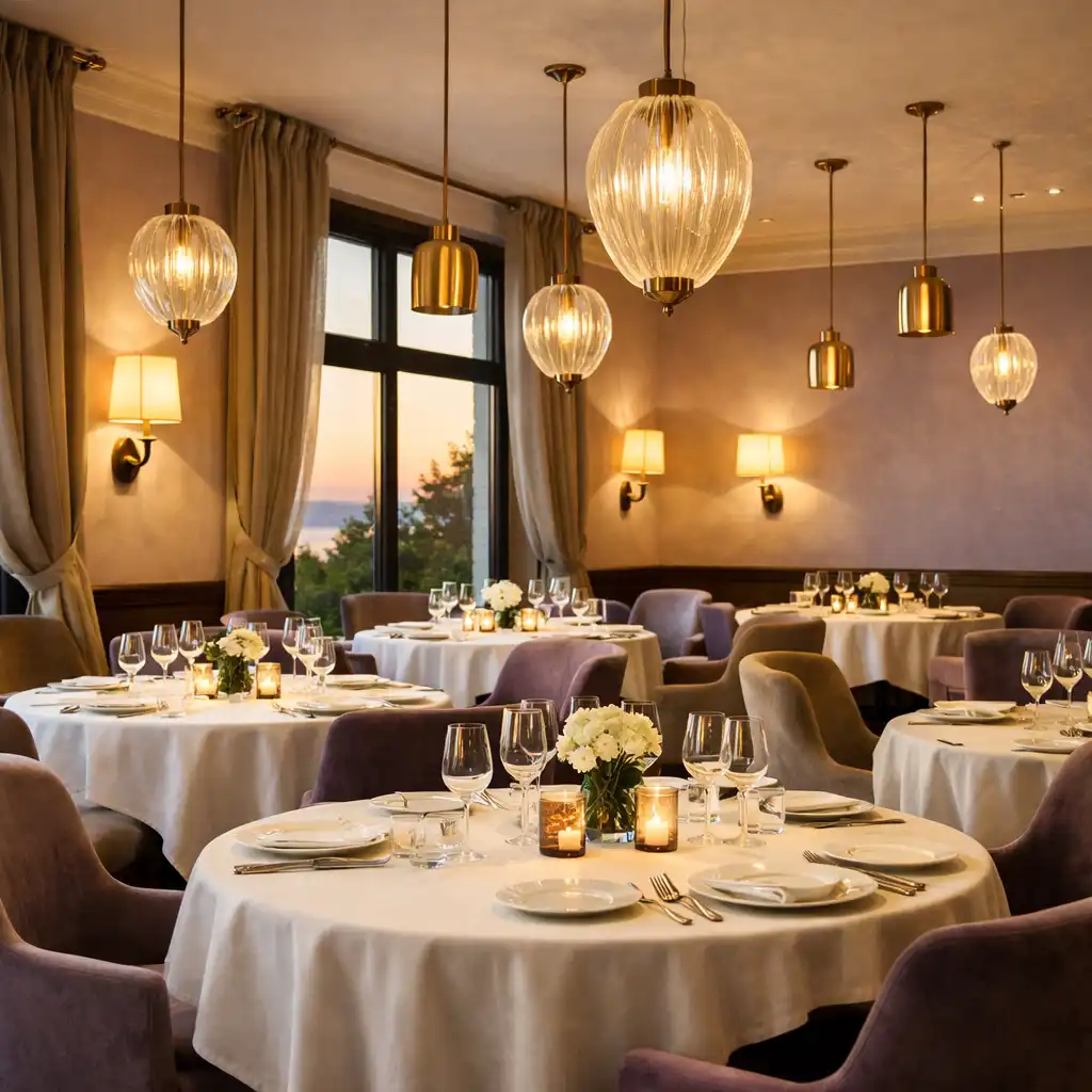 Salle de restaurant gastronomique avec tables rondes, chaises en velours et luminaires suspendus