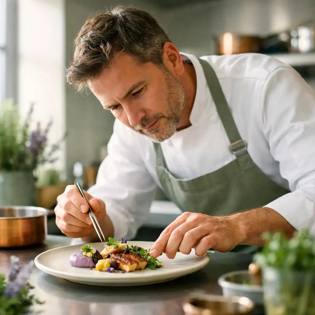 Chef en cuisine professionnelle dressant un plat avec précision
