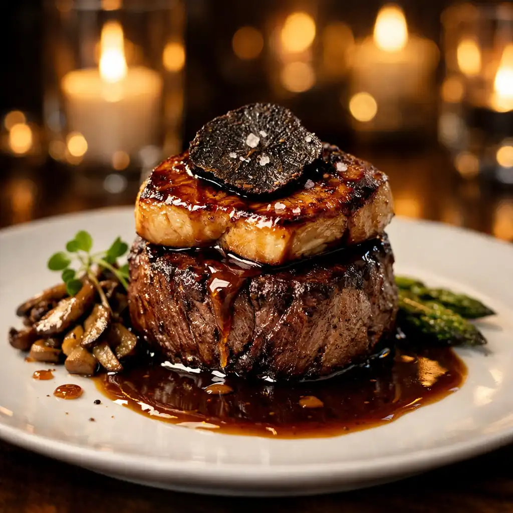 Filet de bœuf Rossini avec foie gras et truffe noire, présentation élégante