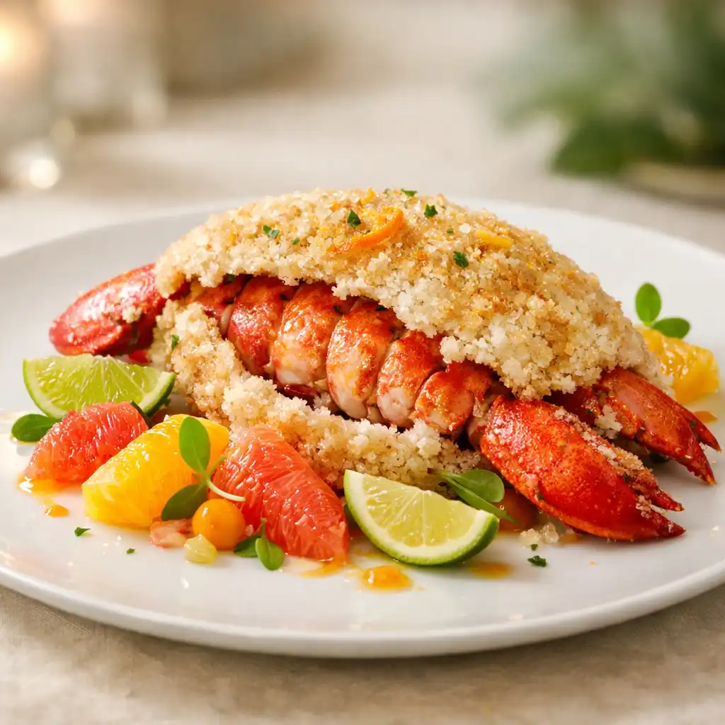 Homard en croûte de sel aux agrumes, présentation raffinée sur assiette blanche