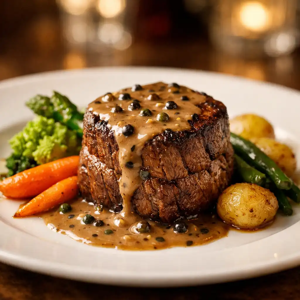Filet de bœuf sauce au poivre avec légumes de saison