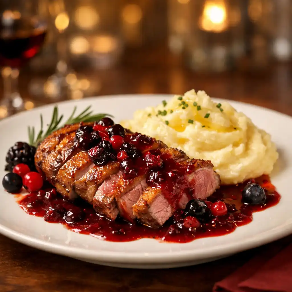 Magret de canard rôti avec sauce aux fruits rouges et purée de pommes de terre