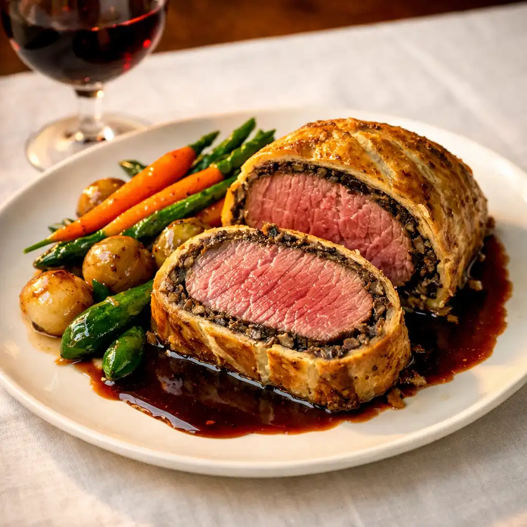 Filet de bœuf en croûte de champignons tranché avec sauce au vin rouge et légumes glacés