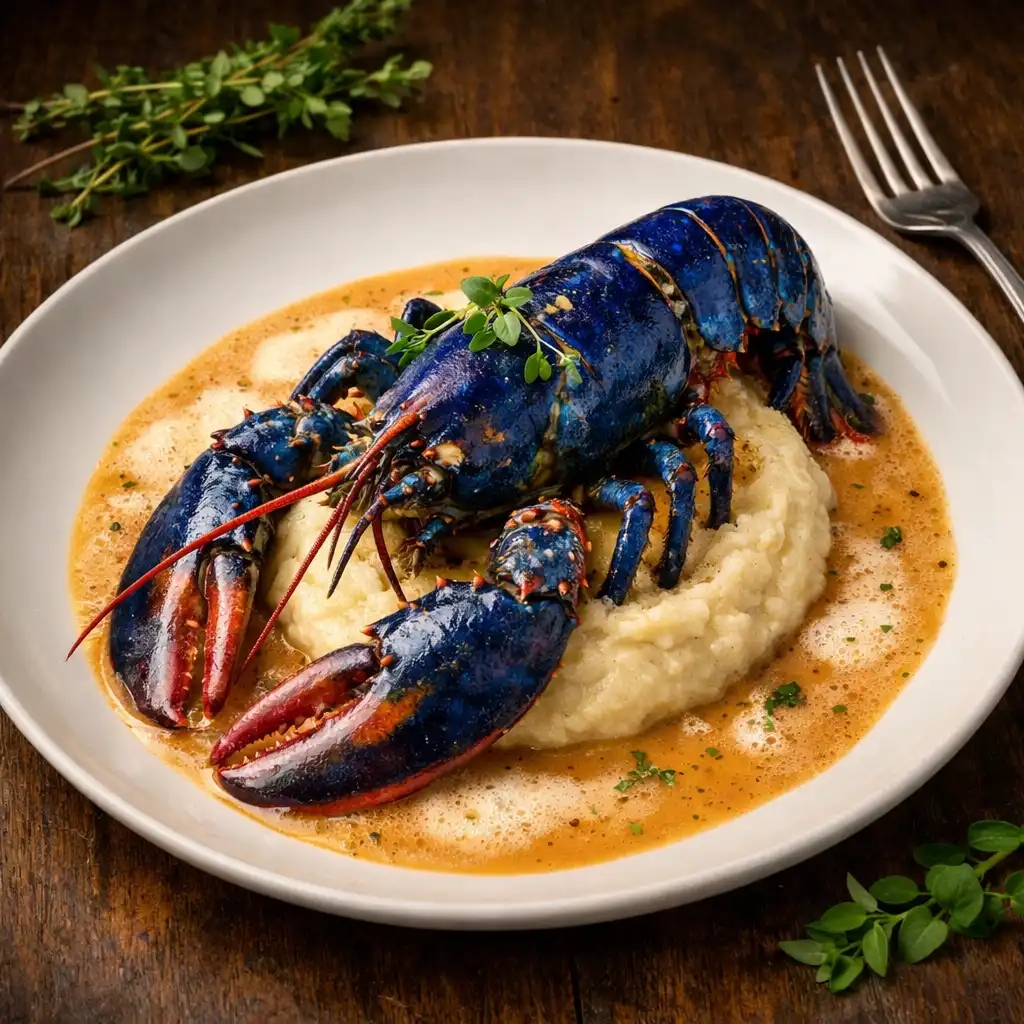 Homard bleu rôti entier sur purée de céleri-rave avec bisque légère