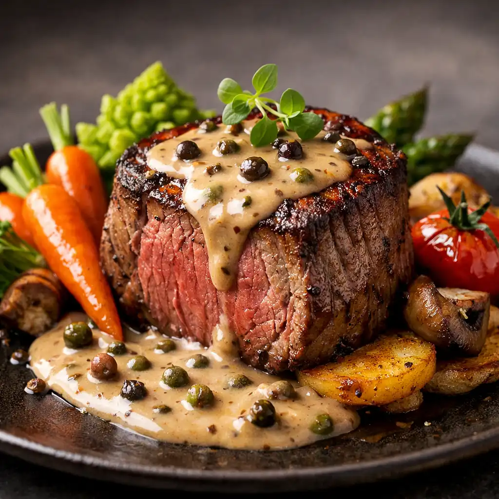 Filet de bœuf tendre avec sauce au poivre et légumes de saison, plat signature