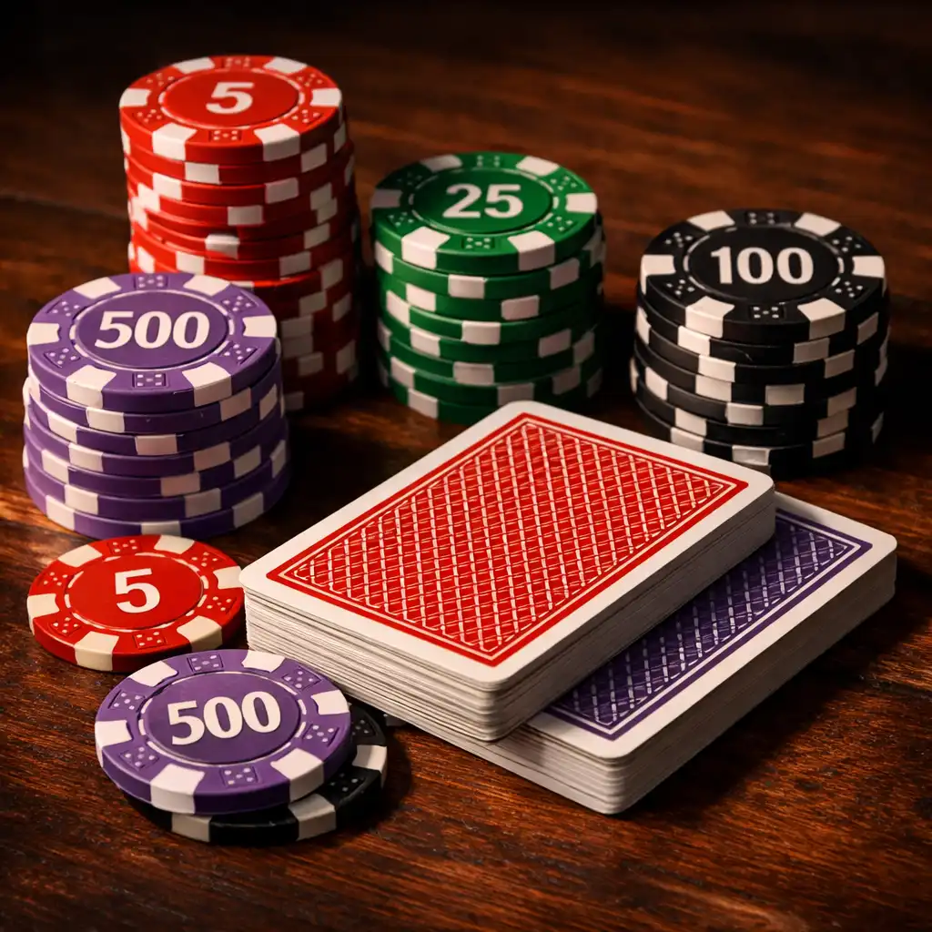 Gros plan sur des cartes à jouer et des jetons de casino disposés sur une table en bois sombre