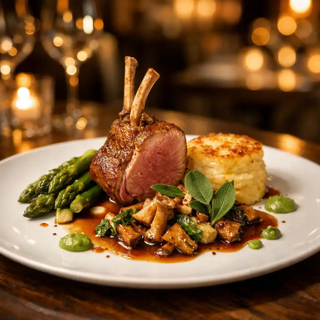 Plat gastronomique français élégamment dressé avec arrière-plan flou de salle de restaurant chic
