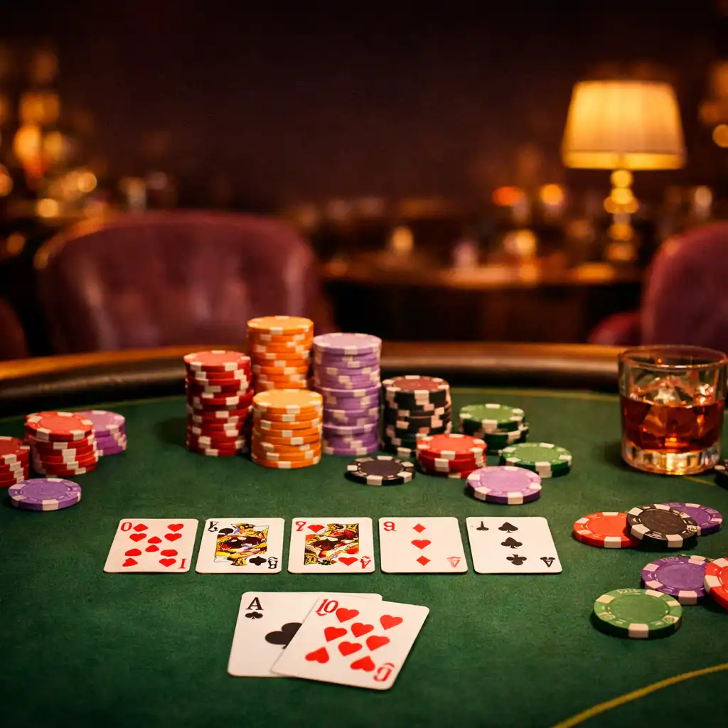 Table de poker élégante avec cartes et jetons colorés dans un casino chaleureux