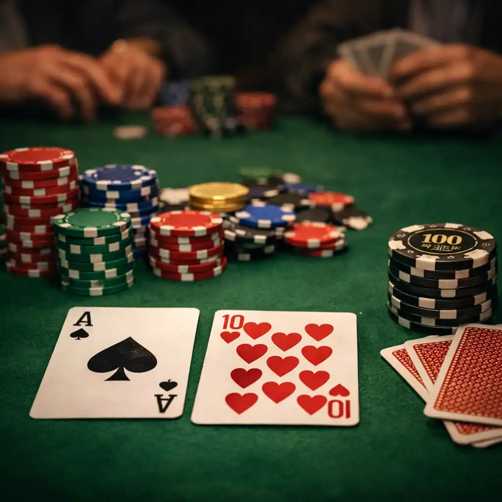 Table de poker physique vue de dessus avec cartes à jouer, jetons de différentes couleurs et tapis vert