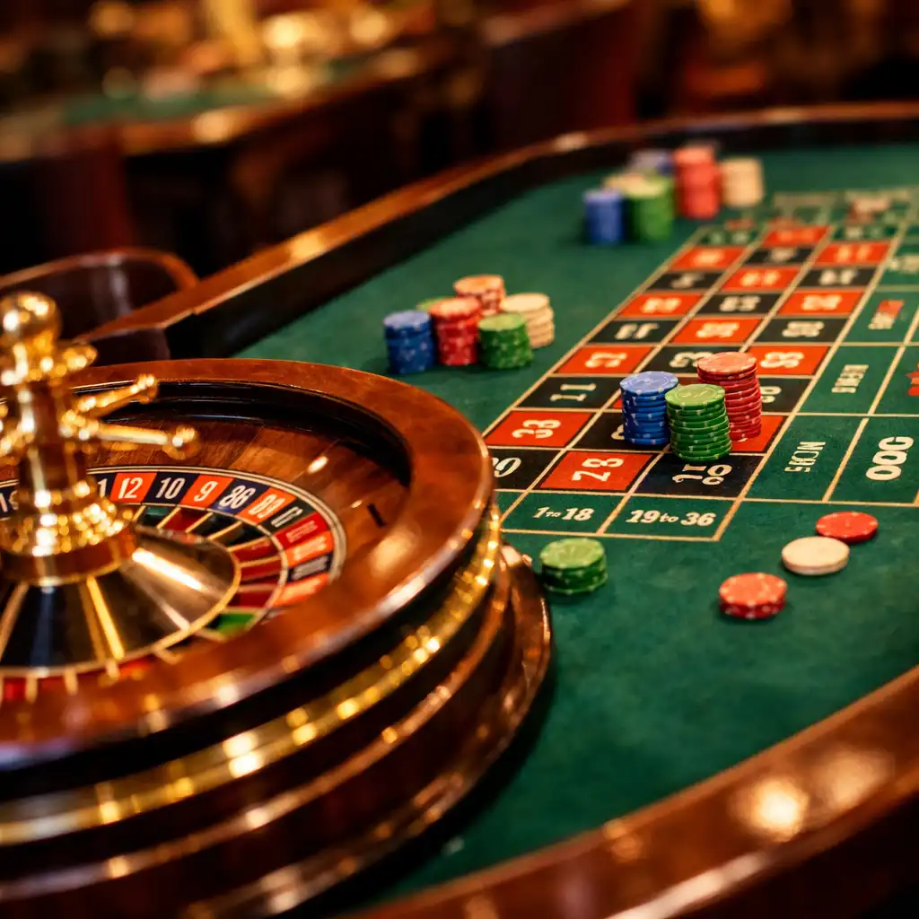 Roulette de casino physique avec roue en bois et métal et table de roulette avec numéros et jetons