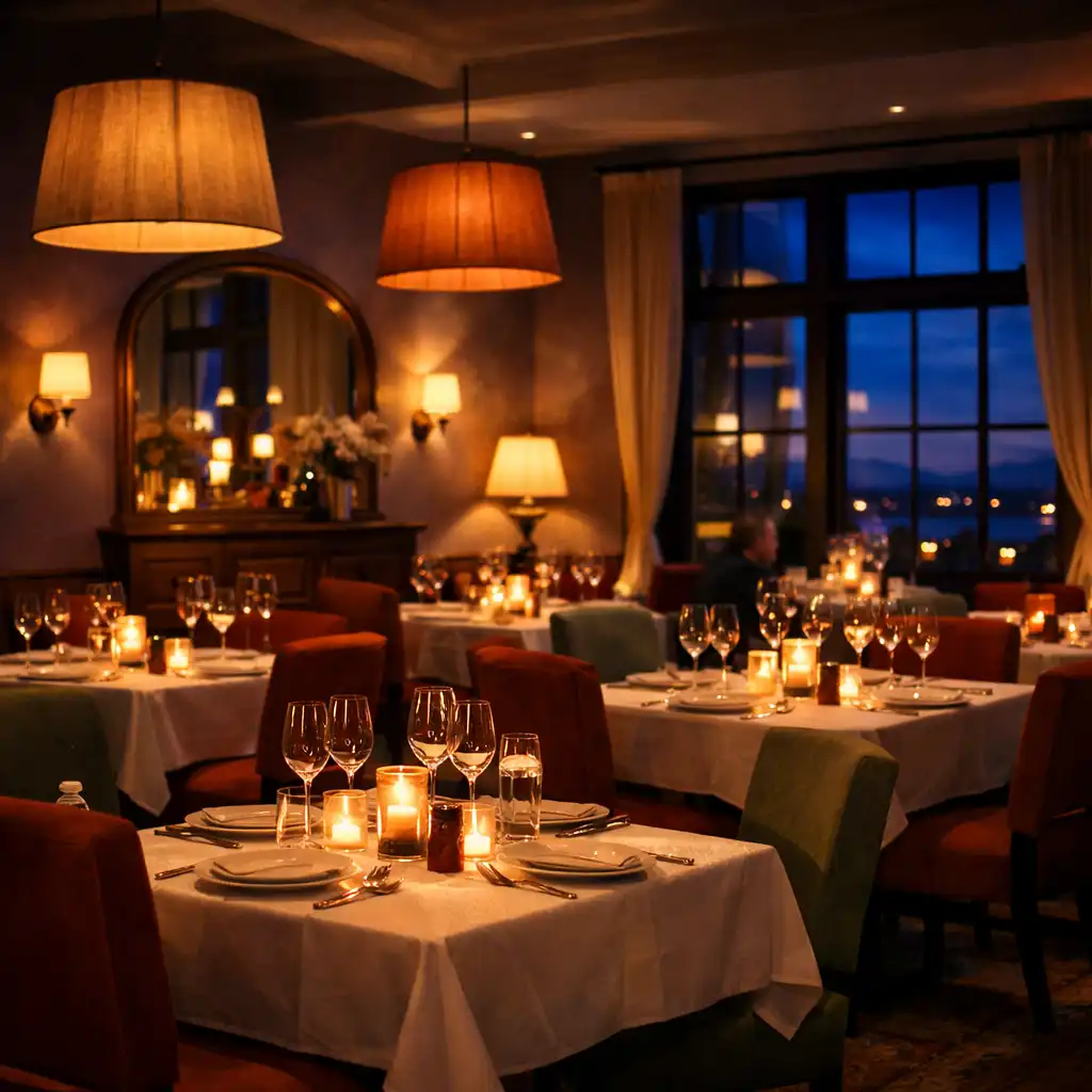 Salle principale de Table des Délices en soirée avec bougies sur les tables et éclairage tamisé