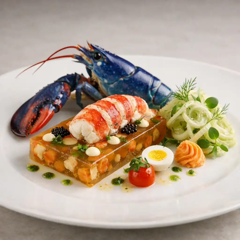 Homard bleu en bellevue avec gelée de crustacés et salade de fenouil
