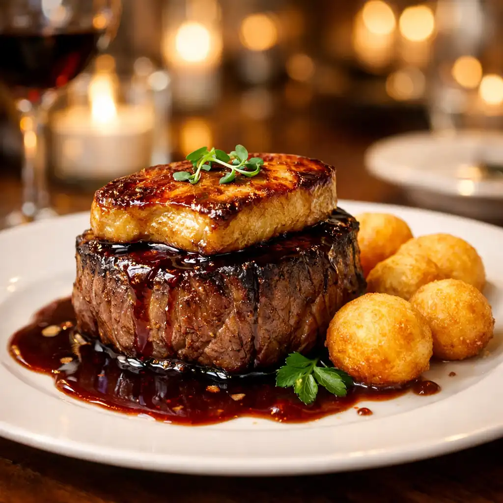 Filet de bœuf Rossini avec foie gras poêlé et sauce au vin rouge