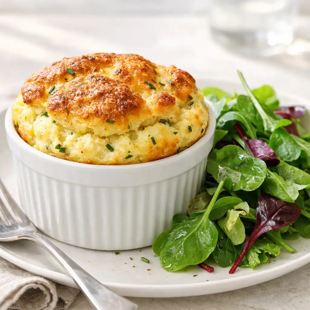 Soufflé au fromage de chèvre et aux herbes avec salade de jeunes pousses