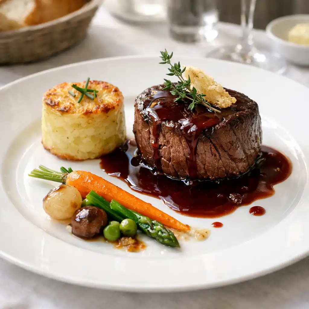 Plat signature de la cuisine française élégamment dressé sur une assiette blanche